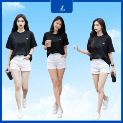 Ba người mẫu nữ mặc áo thun nữ basic màu đen phong cách Hàn Quốc, chất liệu cotton mềm mại, thoáng mát, dễ phối với quần short và phù hợp mặc đi học, đi chơi tại Joré Fashion.