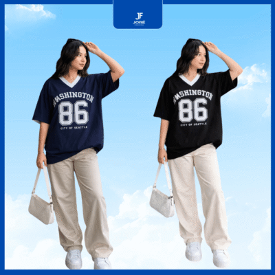 Áo thun nữ Basic Collection Joré Fashion form oversize màu kem phối nâu và trắng phối đen, chất liệu cotton cao cấp, phong cách Hàn Quốc.